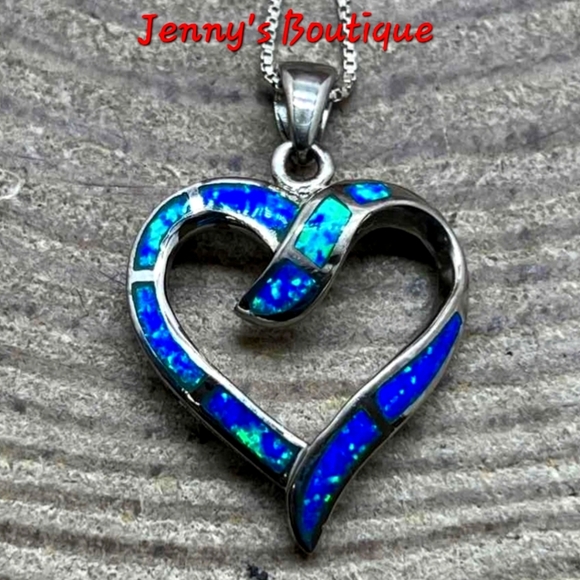 Modern Blue Opal Inlay Heart Necklace in Silver .925 Stamped +Higher Grade - Picture 1 of 8